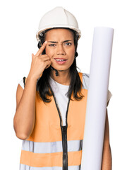 Young Filipino female architect showing a disappointment gesture with forefinger.