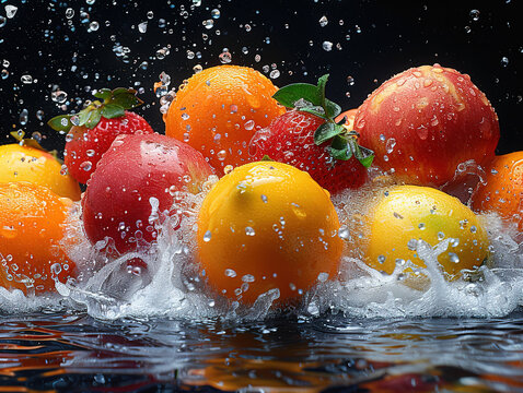 Vibrant fruit splashing with water and ice on elegant black background