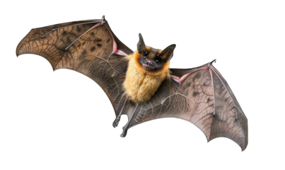 A bat is flying in the air with its wings spread out