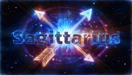Text "Sagittarius" with galaxy background, Astrology concept.