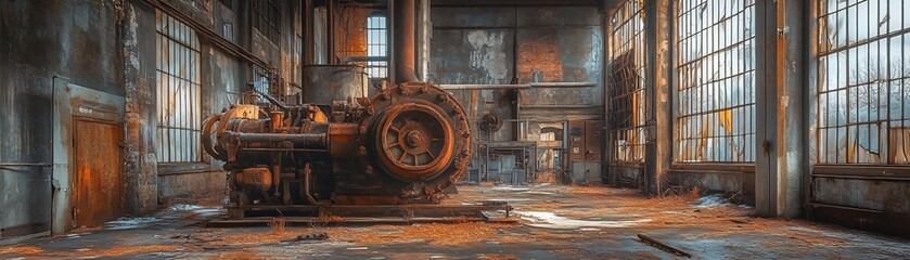 A vintage industrial interior showcasing an old machine in a spacious, well-lit factory with rustic charm.
