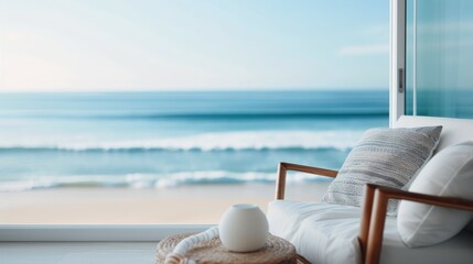 Obraz premium Relaxing Beach View From a Cozy Chair in a Modern Living Space