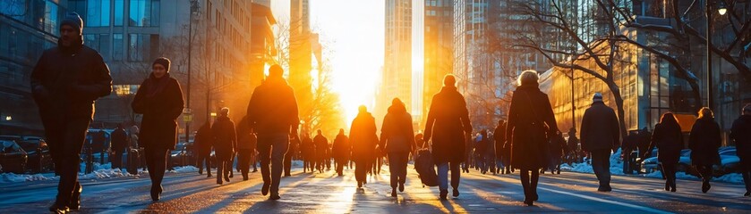 Fototapeta premium Silhouetted pedestrians walk towards a glowing sunset in an urban landscape, capturing the essence of city life and movement.