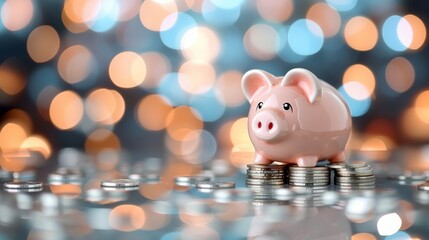 Piggy Bank on Stacks of Coins With Soft Background Decor in a Cozy Setting