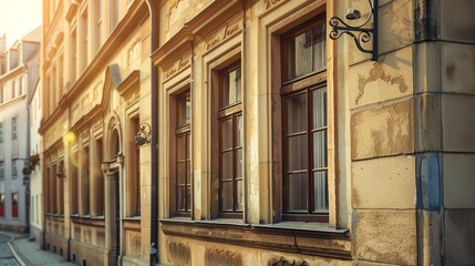 Obraz premium A narrow cobblestone street lined with old buildings in the warm glow of sunset.