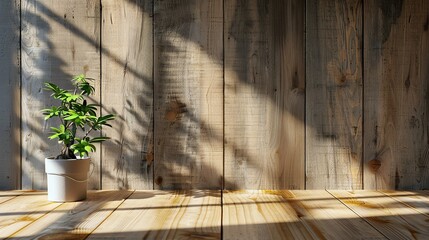 A potted plant sits on a wooden floor, bathed in the warm glow of sunlight streaming through a window. The wooden wall provides a rustic backdrop.