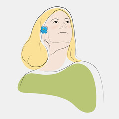 Portrait of blonde woman with blue flower in her hair, looking upward. Calm and thoughtful facial expression. Abstract minimalistic isolated illustration with clean lines and muted colors.