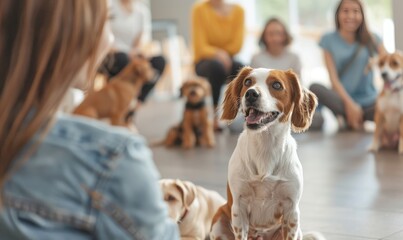 happy group of people and dogs in a dog training class, with smiling beagle in focus and warm atmosphere