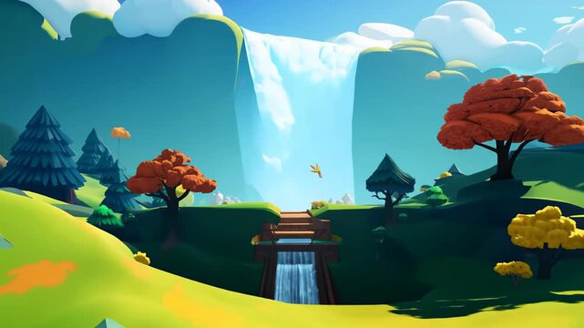 Cartoon landscape with a waterfall, trees of different colors and a small bridge against the background of green hills