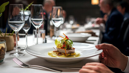 A collection of gourmet dishes served in a fine dining restaurant. Elegant presentation with sophisticated table settings.