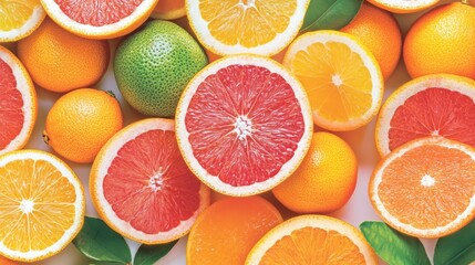Citrus fruit medley of oranges, grapefruits, lemons with fresh leaves
