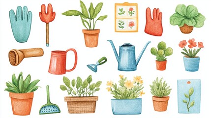 Gardening Joy Sticker Set: A cheerful set of watercolor