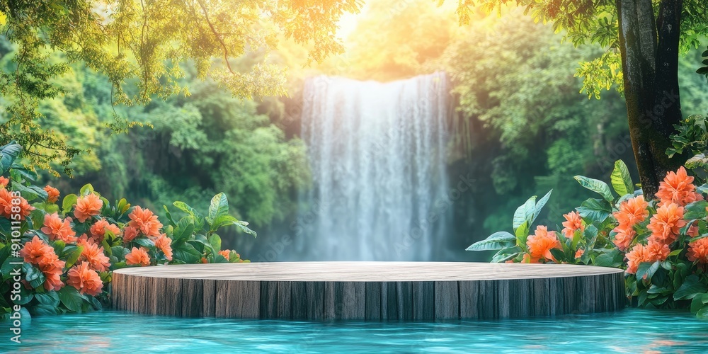 Wall mural Wooden Platform in a Lush Rainforest Setting with a Waterfall