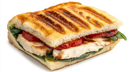 A pesto chicken panini with roasted red peppers, mozzarella cheese, and spinach, isolated on a transparent background