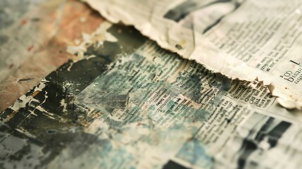 Close-up of crumpled, aged newspaper with faded ink and stains.