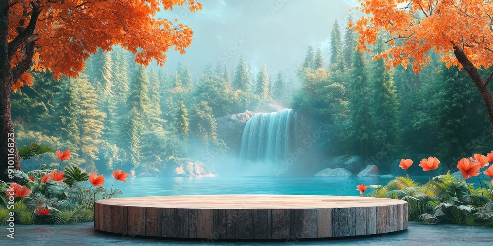 Poster Wooden Platform Before a Waterfall and Forest Lake