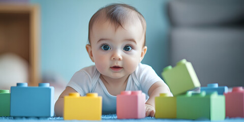Smiling Baby Playing with Blocks, Brown Hair and Blue Eyes