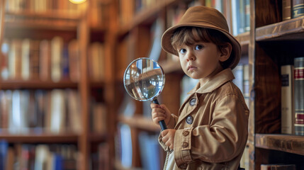A young child dressed as a detective, wearing a trench coat and holding a magnifying glass, standing in a library. 