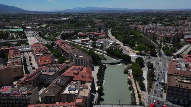 Aerial view of Murcia with coast line of segura river, Spain