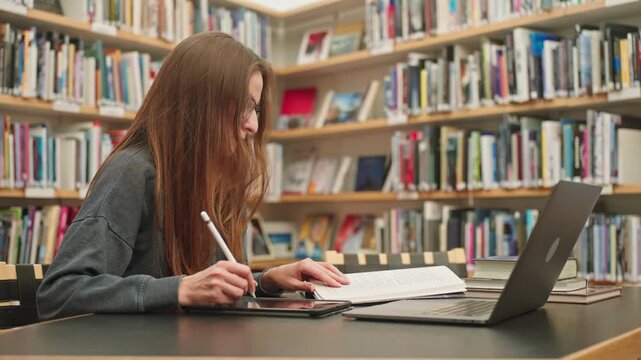 Calm Caucasian brunette girl with glasses student listening to online webinar lesson, taking notes with pencil, studying foreign language on laptop, doing math homework, teacher preparation e-learning