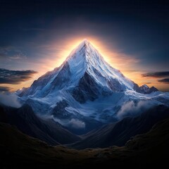 Majestic mountain peak illuminated by sunset, surrounded by mist and clouds, evokes a sense of serenity and adventure in nature.