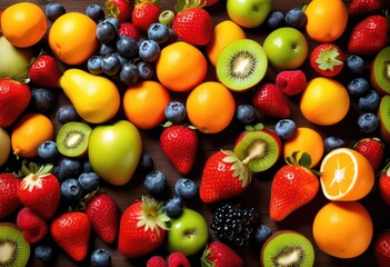 colorful vibrant fruit display trendy wooden backdrop array juicy fruits showcased creative arrangement, apples, bananas, oranges, strawberries, grapes