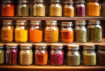 colorful aromatic creative spice blends displayed elegant glass jars culinary inspiration flavor enhancement, container, creativity, delightful, design