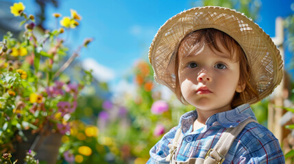 A young child dressed as a gardener, wearing a straw hat and gloves, standing in a garden. 