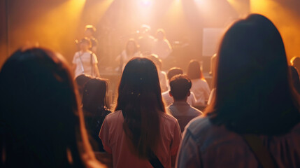 A crowd of people standing in front of a brightly lit concert stage, creating an atmosphere filled...