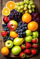 vibrant assortment colorful fruits arranged artfully rustic wooden platter showcasing freshness variety, apple, banana, orange, kiwi, grape, mango