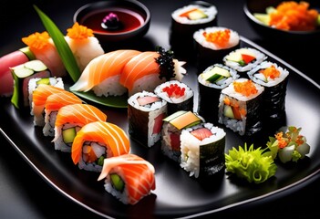elegant arrangement sushi artfully displayed sleek black platter highlighting fresh ingredients vibrant colors, presentation, seafood, cuisine, style, gourmet