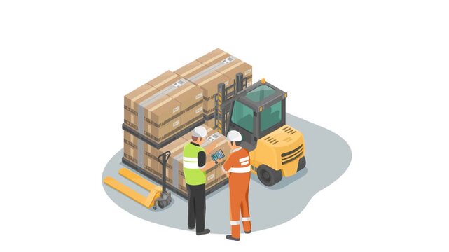 Smart warehouse management system manager talking with stock employee to planing work process for the faster logistic service illustration isometric isolated vector isometric