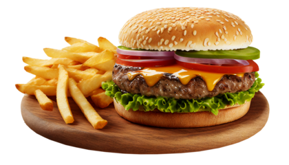 Big Beef burger with french fries isolated on transparent background, png