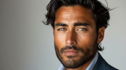Obraz premium Portrait of a Serious Young Man With Dark Hair and Green Eyes in Casual Attire
