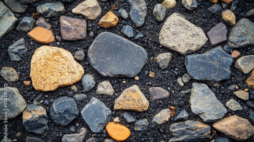 Poster a diverse assortment of rocks in various shapes and colors is scattered across a dark gravel backgro
