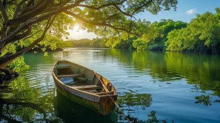 Obraz premium canoe on a lake surrounded by forest on a sunrise