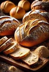artisan handcrafted bread displayed unique striking shadow effects highlighting texture form, loaf, crust, flour, yeast, craftsmanship, oven, style
