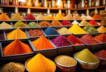 Fototapeta premium vibrant display exotic spices culinary staples showcasing rich aroma captivating market setting, color, texture, herbs, seasonings, ingredients, flavor