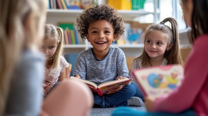 A small group of young students sitting in a cozy reading nook, receiving instruction from a teacher who is reading a storybook aloud, fostering a love for learning and literacy in a nurturing