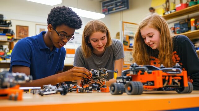 High school students working together on a robotics project, surrounded by tools and parts, with focused expressions as they build and program their robot, showcasing teamwork, problem-solving