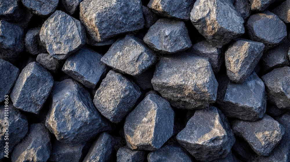 Poster dark gray rocks are tightly packed together, showcasing their rough textures and varied shapes in an
