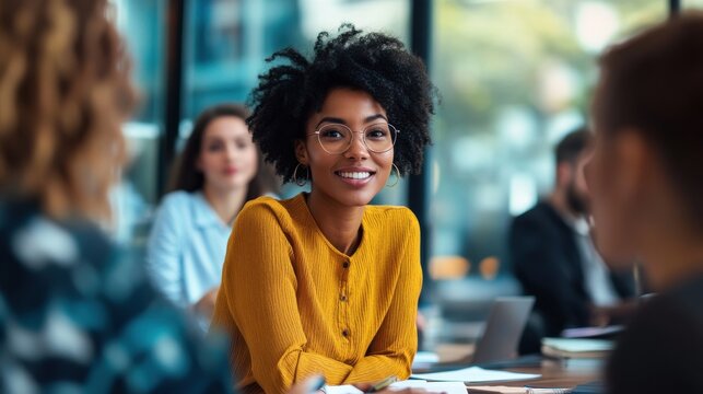A diverse group of business professionals in a meeting room, brainstorming and exchanging innovative ideas, emphasizing the importance of collaboration, communication, and creative thinking in the