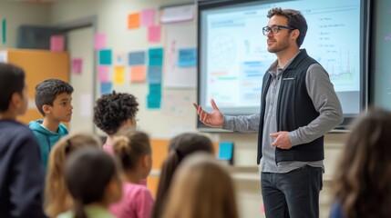 A teacher standing in front of an interactive whiteboard in a high-tech classroom, explaining data and concepts to an attentive group of students, highlighting the use of digital tools in modern
