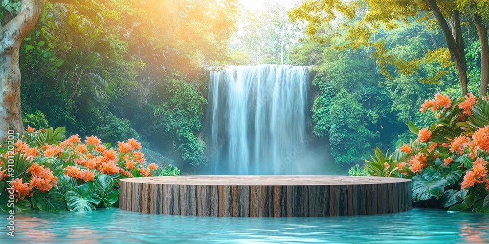 Wall mural Wooden Platform in Front of Waterfall with Lush Greenery