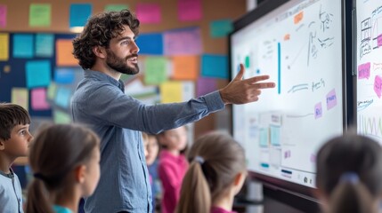 A teacher standing in front of an interactive whiteboard in a high-tech classroom, explaining data and concepts to an attentive group of students, highlighting the use of digital tools in modern
