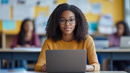 A young teacher of African American descent sitting at her desk in a modern classroom, working on a laptop, preparing lesson plans, and utilizing digital resources to enhance her teaching methods