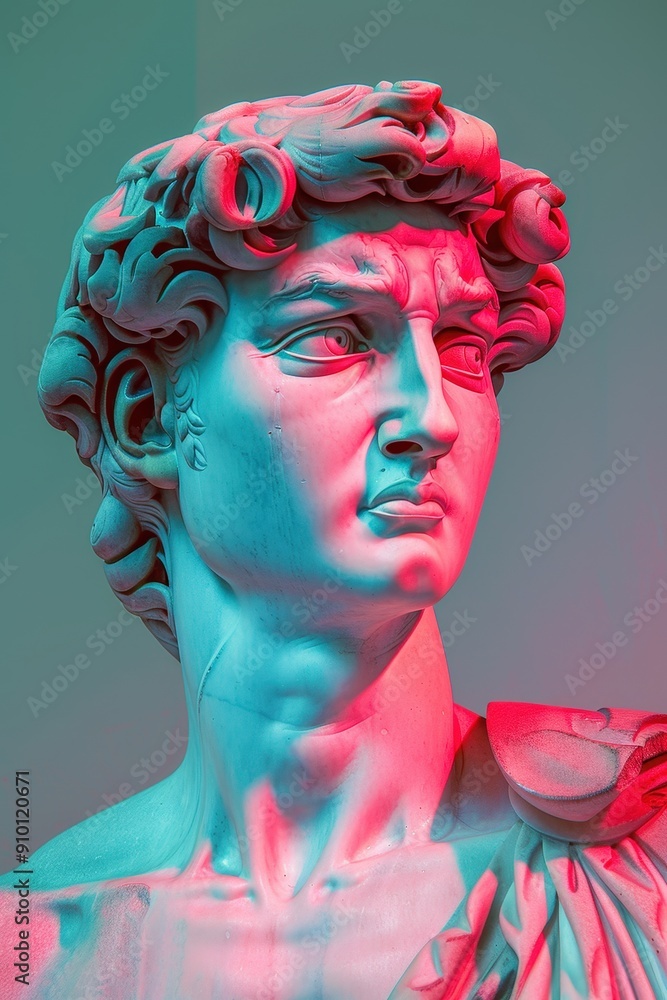 Poster a striking sculpture of david is illuminated with colorful lighting, showcasing intricate details an