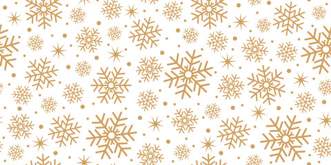 Seamless Christmas pattern with golden snowflakes on white background. Minimal art banner. Holiday background for wrapping paper, wallpaper, modern Xmas design.