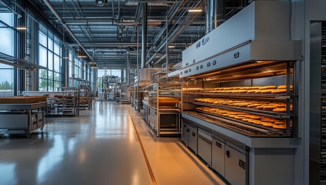A high-tech bakery with large windows, many oven housings and cartoon cookies on metal bread trays in the middle of an industrial factory hall.