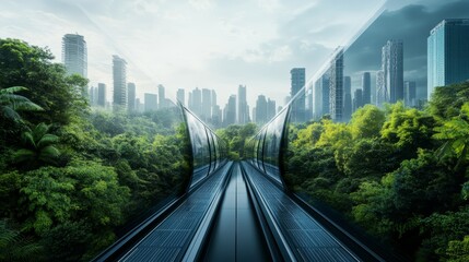 A futuristic city skyline emerges from a lush green forest, with a sleek monorail track leading into the heart of the urban jungle.